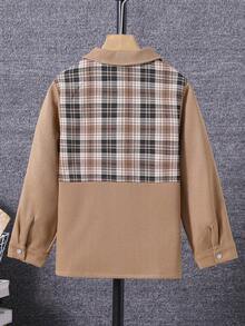 男孩格紋印花字母補丁細節翻蓋口袋襯衫不帶T恤