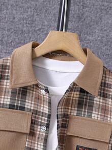 男孩格紋印花字母補丁細節翻蓋口袋襯衫不帶T恤