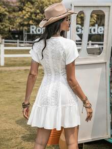 Rusttydustty Đầm Tương phản ren Viên lá sen Dây kéo Tranh thêu màu trơn Boho - trắng - Xem 3