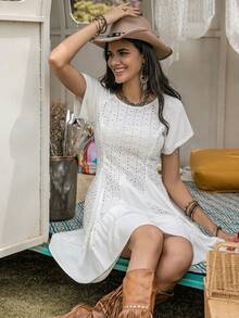 Rusttydustty Đầm Tương phản ren Viên lá sen Dây kéo Tranh thêu màu trơn Boho - trắng - Xem 5