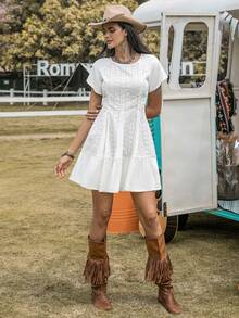 Rusttydustty Đầm Tương phản ren Viên lá sen Dây kéo Tranh thêu màu trơn Boho - trắng - Xem 6