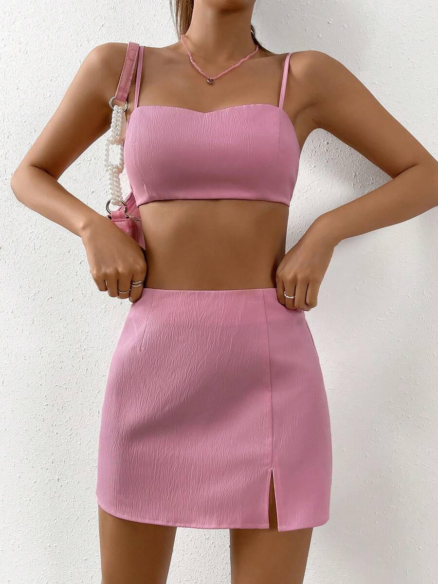 SHEIN EZwear 素色吊帶上衣和開衩短裙 - 粉色 - 查看 1