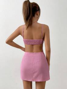 SHEIN EZwear 素色吊帶上衣和開衩短裙 - 粉色 - 查看 2