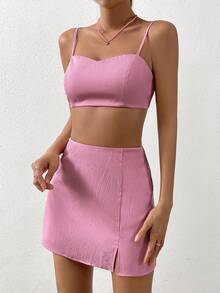 SHEIN EZwear 素色吊帶上衣和開衩短裙 - 粉色 - 查看 4