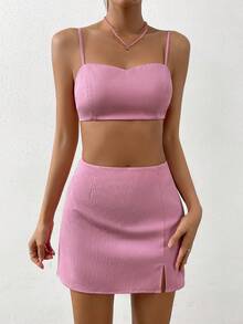 SHEIN EZwear 素色吊帶上衣和開衩短裙 - 粉色 - 查看 5