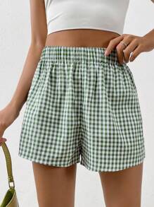 SHEIN EZwear Gingham Print Elastic Waist Shorts - Green - View 1