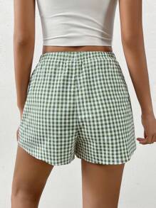 SHEIN EZwear Gingham Print Elastic Waist Shorts - Green - View 2