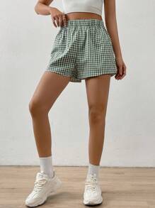 SHEIN EZwear Gingham Print Elastic Waist Shorts - Green - View 4