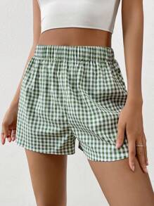 SHEIN EZwear Gingham Print Elastic Waist Shorts - Green - View 6