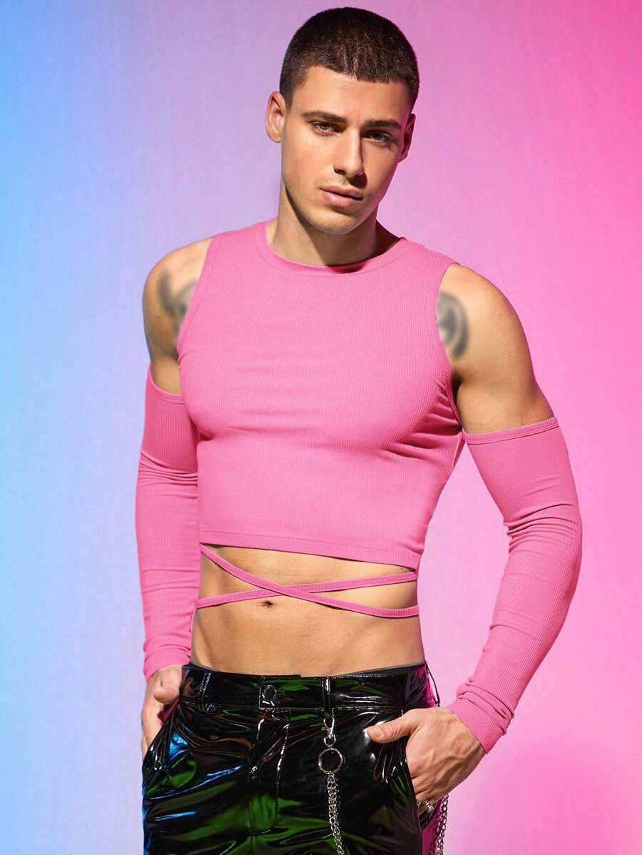 FeverCity Men Cold Shoulder Crisscross Tie Back Crop Tee - Pink - View 1