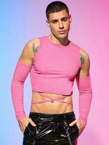 FeverCity Men Cold Shoulder Crisscross Tie Back Crop Tee - Pink - View 4