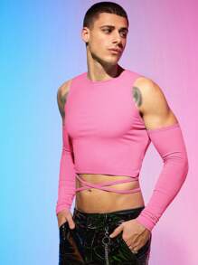 FeverCity Men Cold Shoulder Crisscross Tie Back Crop Tee - Pink - View 5