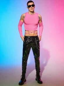 FeverCity Men Cold Shoulder Crisscross Tie Back Crop Tee - Pink - View 7