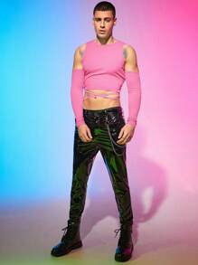 FeverCity Men Cold Shoulder Crisscross Tie Back Crop Tee - Pink - View 8