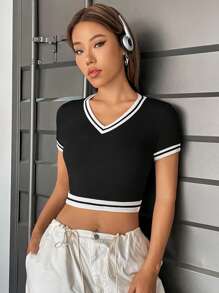 SHEIN EZwear Áo thun nữ Sọc Giải trí - màu đen - Xem 4