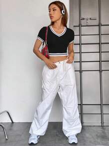 SHEIN EZwear Áo thun nữ Sọc Giải trí - màu đen - Xem 5