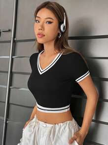 SHEIN EZwear Áo thun nữ Sọc Giải trí - màu đen - Xem 1