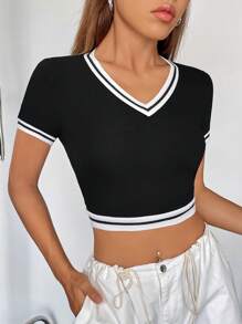 SHEIN EZwear Áo thun nữ Sọc Giải trí - màu đen - Xem 6