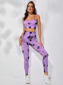 Yoga Trendy Tie Dye Sports Set - Violet Purple - View 6
