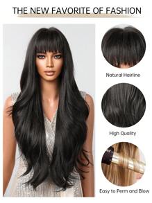 Natural, Comfortable And Realistic 30-Inch Black Long Curly Hair Wigs, Natural And Charming Heat-Resistant Synthetic Fiber Wigs And Bangs Wigs Are Daily Necessities, Christmas And Halloween Gifts - 黑色 - 查看 6