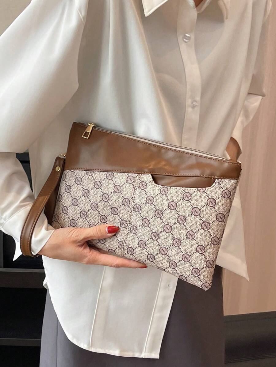 幾何圖案方包中號拉鍊帶腕帶手拿包，手拿包復古，簡約，經典皮革迷你包，小包女式，女士，情侶旅行，工作和辦公室，週末和假期 - 彩色 - 查看 1