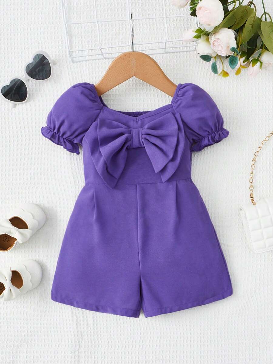 SHEIN 嬰兒前蝴蝶結泡泡袖連身短褲 - 紫色 - 查看 1
