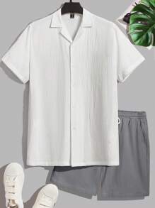 GENTILAND 宽松男士纯棉纯色衬衫和抽绳腰带短裤套装 - 灰色 - 查看 1