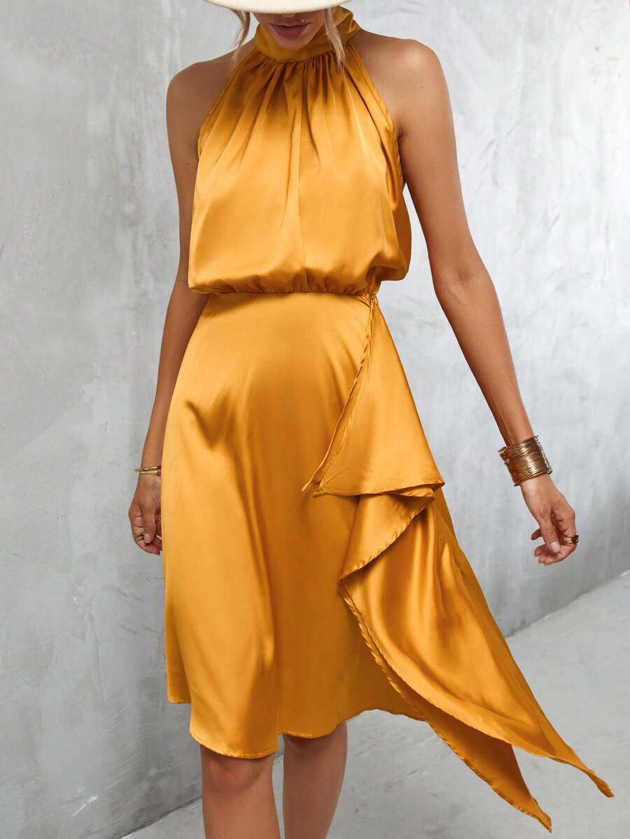 Aveloria Vestido halter unicolor bajo asimétrico - Amarillo - Ver 1