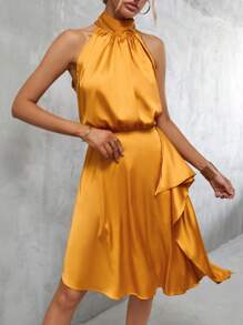 Aveloria Vestido halter unicolor bajo asimétrico - Amarillo - Ver 4
