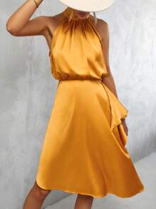 Aveloria Vestido halter unicolor bajo asimétrico - Amarillo - Ver 3