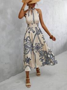 GENKIRA Floral Print Halter Neck Dress - Apricot - View 4