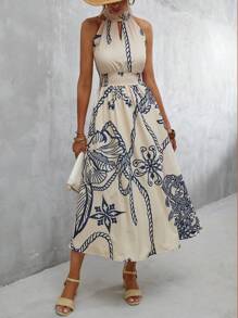 GENKIRA Floral Print Halter Neck Dress - Apricot - View 5