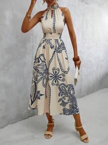 GENKIRA Floral Print Halter Neck Dress - Apricot - View 6