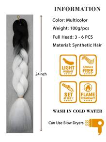 1 包大号编织发 24 英寸，适合女性和儿童日常节日和角色扮演编织佩戴黑色棕色绿色粉色蓝色橙色紫色白色多色时尚合成头发钩针接发实用灵巧的高温头发适合圣诞节新年狂欢音乐节 - 黑與白 - 查看 4