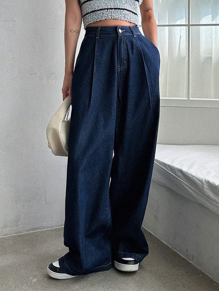 DAZY 纯色阔腿牛仔裤、宽松牛仔裤