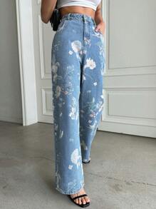 DAZY 花卉印花直筒牛仔褲 - 藍色 - 查看 2