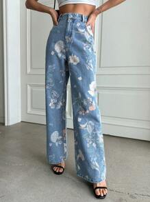 DAZY 花卉印花直筒牛仔褲 - 藍色 - 查看 3