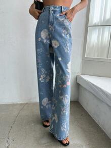 DAZY 花卉印花直筒牛仔褲 - 藍色 - 查看 6