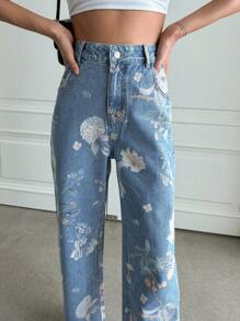 DAZY 花卉印花直筒牛仔褲 - 藍色 - 查看 11