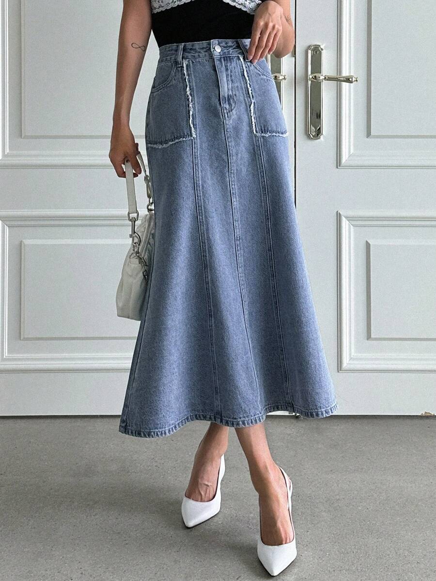 DAZY Chân váy denim cạp cao, hai túi, dáng đuôi cá - Rửa trung bình - Xem 1