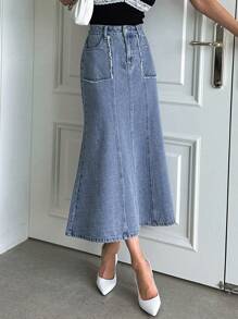 DAZY Chân váy denim cạp cao, hai túi, dáng đuôi cá - Rửa trung bình - Xem 2