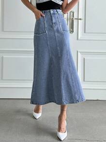 DAZY Chân váy denim cạp cao, hai túi, dáng đuôi cá - Rửa trung bình - Xem 5