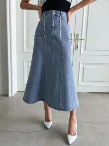 DAZY Chân váy denim cạp cao, hai túi, dáng đuôi cá - Rửa trung bình - Xem 6