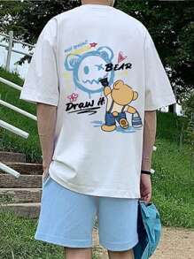 Manfinity EMRG 男士卡通圖案T恤和短褲 - 藍白色 - 查看 1