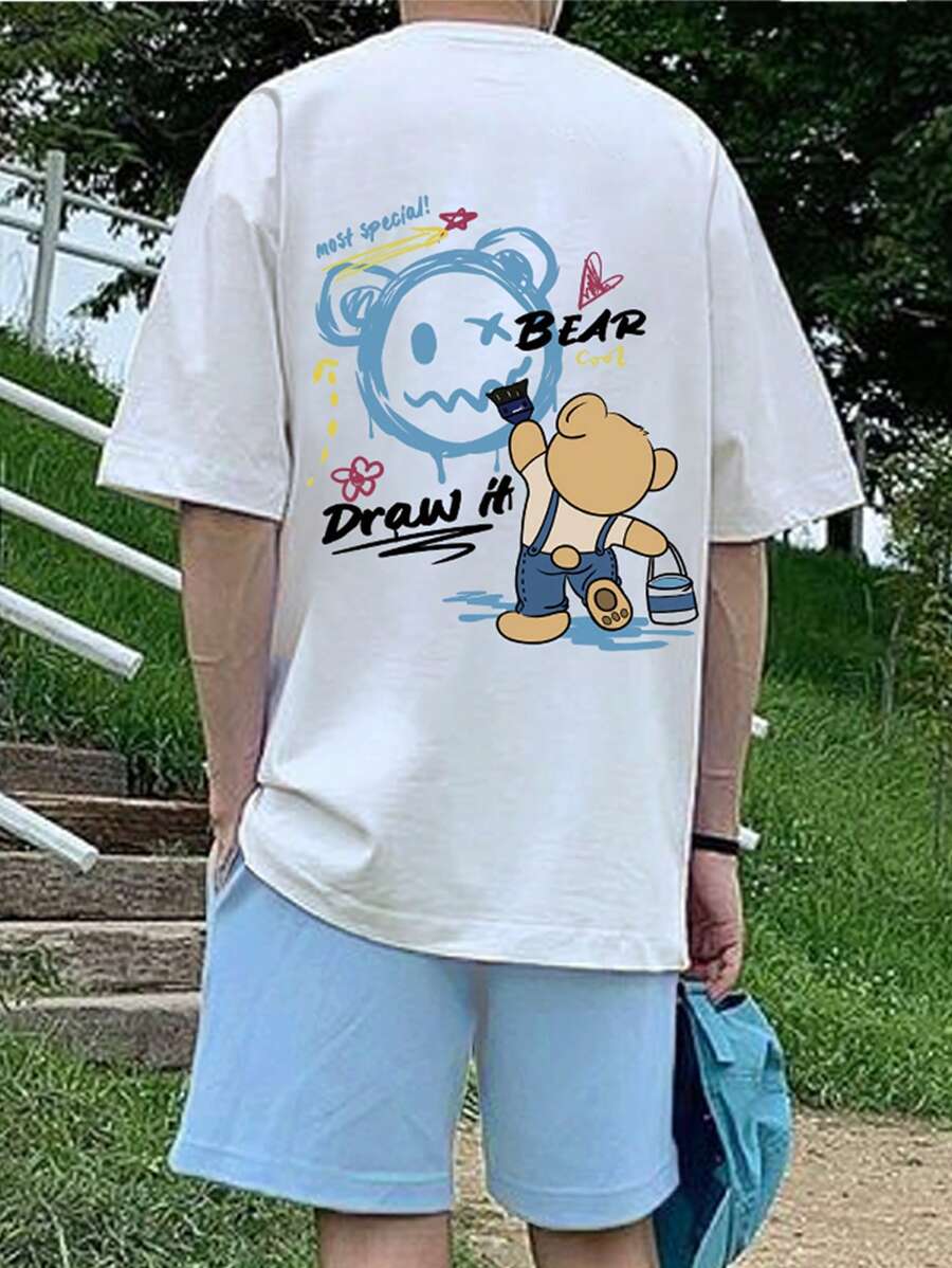 Manfinity EMRG 男士卡通圖案T恤和短褲 - 藍白色 - 查看 1