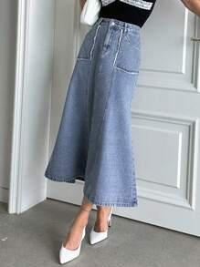 DAZY Chân váy denim cạp cao, hai túi, dáng đuôi cá - Rửa trung bình - Xem 8