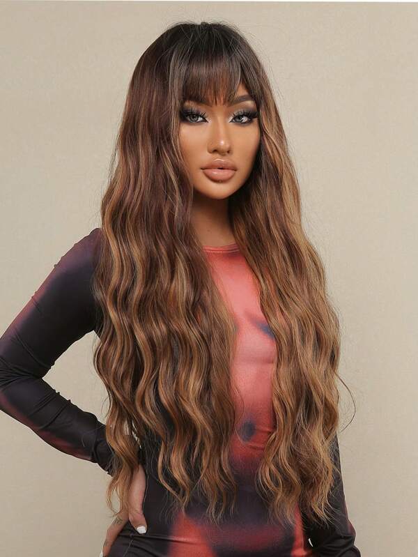 Brown Highlights Golden Bangs Extra Long Curly Hair Woven Chemical Fiber Everyday Simulation Of Scalp