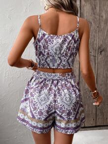 SHEIN VCAY Bộ đồ hai mảnh nữ Dải chun Thắt nơ trước Nếp gấp Phần Ngực Hoa Tất cả trên in Boho - Màu tím - Xem 2