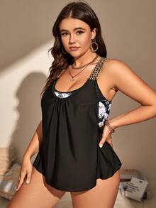 Swim Lushoire Plus Size Tropical Print Tankini Summer Beach - Black and White - View 3