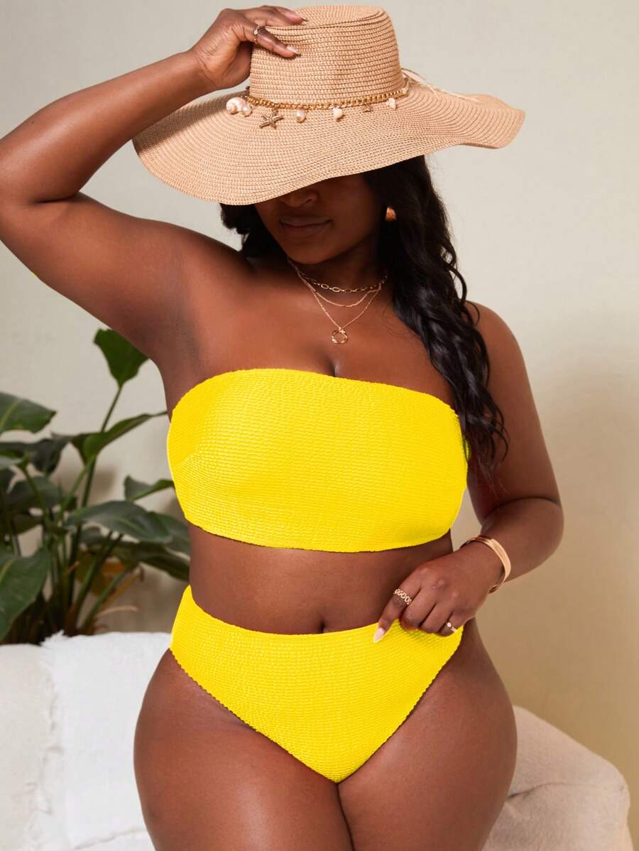 SHEIN Swim Curve Bộ bikini băng đô cỡ lớn đi biển mùa hè - Màu vàng - Xem 1